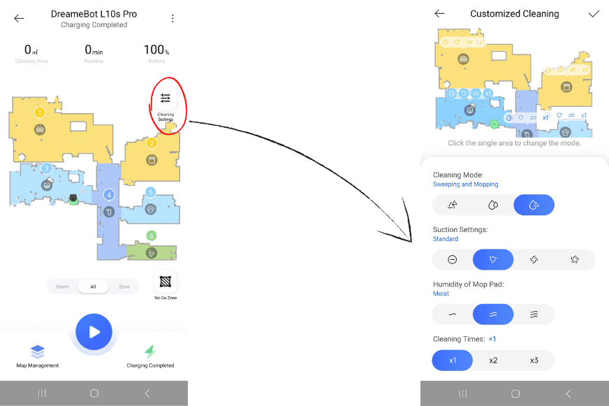 Die Wasserabgabe bzw. Saugkrafteinstellung des Dreame L10s Pro wird pro Raum festgelegt.